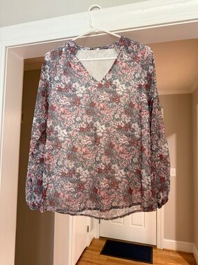 Amazon Floral V-Neck Long Sleeve Blouse - Pink, Gray